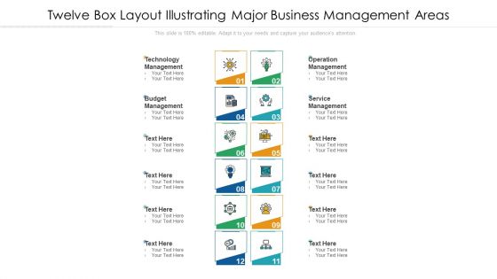 Twelve Box Layout Illustrating Major Business Management Areas Ppt PowerPoint Presentation Gallery Design Templates PDF