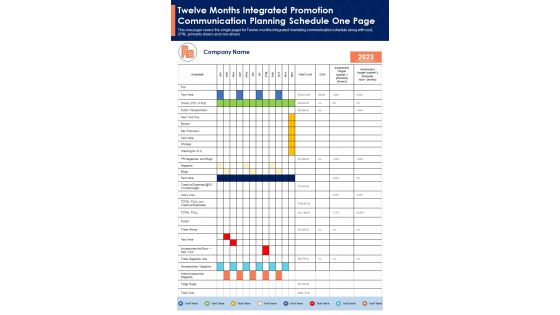 Twelve Months Integrated Promotion Communication Planning Schedule One Page PDF Document PPT Template Twelve Months Integrated Promotion Communication Planning Schedule One Page PDF Document PPT Template