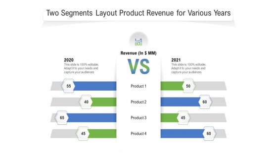 Two Segments Layout Product Revenue For Various Years Ppt PowerPoint Presentation Portfolio Graphics Design PDF
