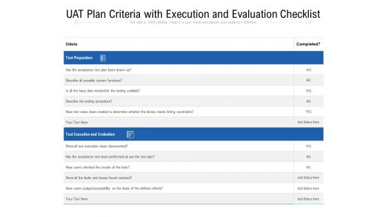 UAT Plan Criteria With Execution And Evaluation Checklist Ppt PowerPoint Presentation File Graphics Design PDF