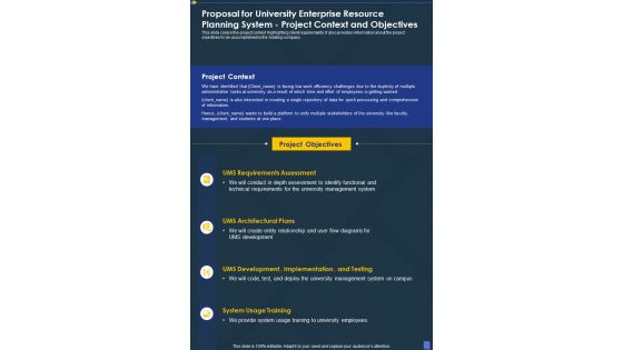University Enterprise Resource Planning System Project Context And Objectives One Pager Sample Example Document