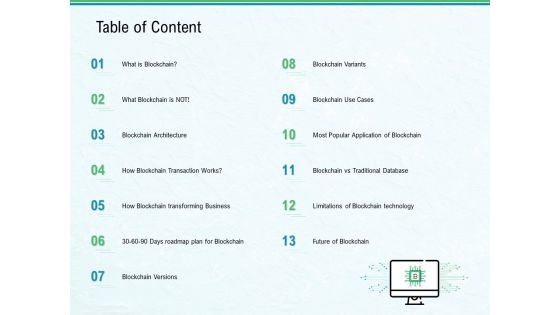 Use Case Of Blockchain Architecture Development Table Of Content Ppt Layouts Outline PDF