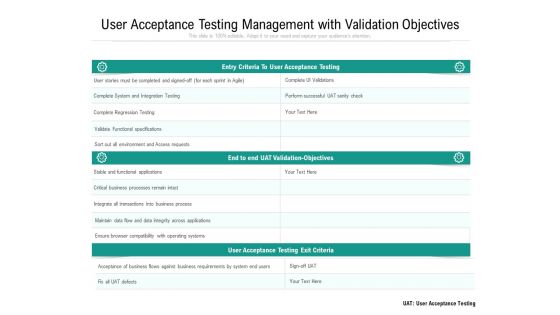 User Acceptance Testing Management With Validation Objectives Ppt PowerPoint Presentation File Inspiration PDF