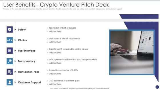 User Benefits Crypto Venture Pitch Deck Ppt Portfolio Guidelines PDF User Benefits Crypto Venture Pitch Deck Ppt Portfolio Guidelines PDF