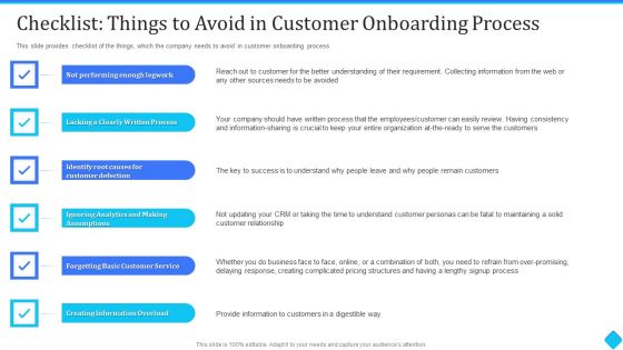 User Onboarding Process Development Checklist Things To Avoid In Customer Onboarding Process Topics PDF