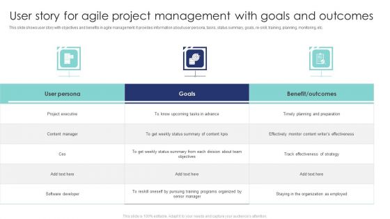 User Story For Agile Project Management With Goals And Outcomes Infographics PDF