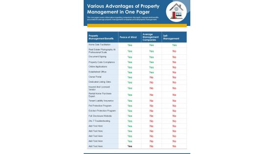 Various Advantages Of Property Management In One Pager PDF Document PPT Template