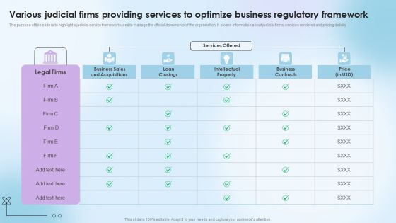 Various Judicial Firms Providing Services To Optimize Business Regulatory Framework Icons PDF