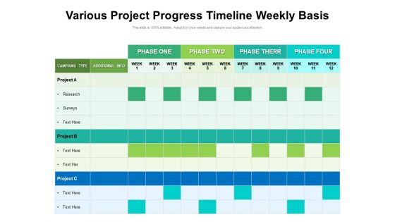 Various Project Progress Timeline Weekly Basis Ppt PowerPoint Presentation File Icon PDF Various Project Progress Timeline Weekly Basis Ppt PowerPoint Presentation File Icon PDF