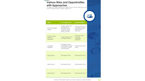 Various Risks And Opportunities With Approaches One Pager Documents