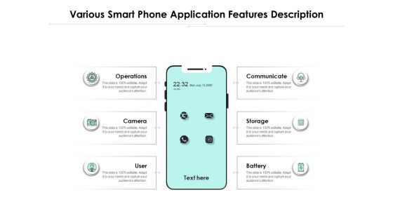 Various Smart Phone Application Features Description Ppt PowerPoint Presentation Pictures Graphic Images PDF