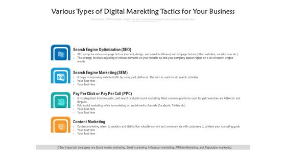 Various Types Of Digital Marekting Tactics For Your Business Ppt PowerPoint Presentation File Slides PDF