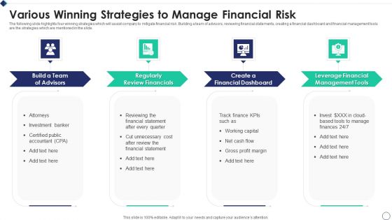 Various Winning Strategies To Manage Financial Risk Clipart PDF