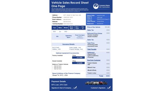 Vehicle Sales Record Sheet One Page PDF Document PPT Template