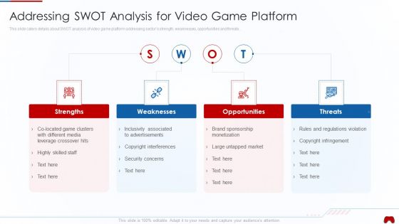 Virtual Adventure Gaming Investor Elevator Pitch Deck Addressing Swot Analysis For Video Brochure PDF