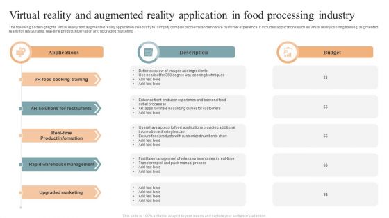 Virtual Reality And Augmented Reality Application In Food Processing Industry Infographics PDF