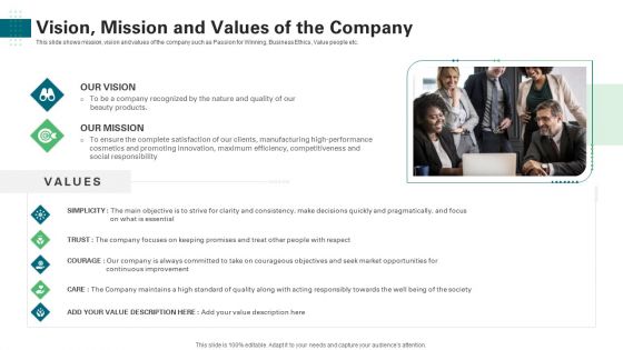 Vision Mission And Values Of The Company Ppt Slides Portfolio PDF