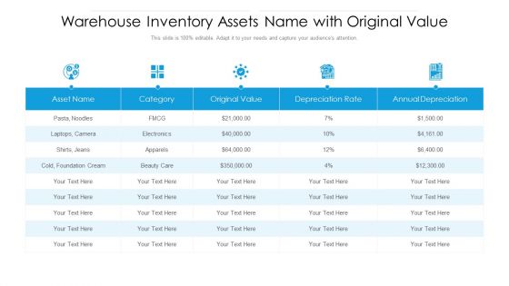 Warehouse Inventory Assets Name With Original Value Ppt PowerPoint Presentation Infographics Layouts PDF
