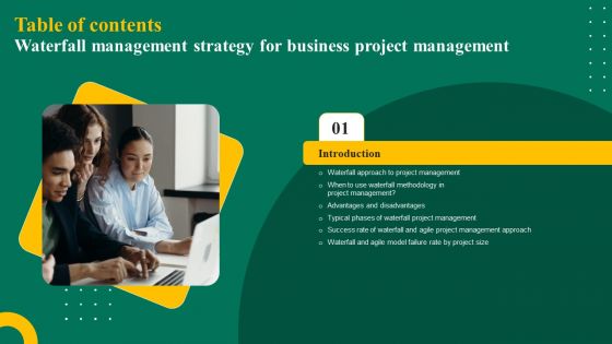 Waterfall Management Strategy For Business Project Management Table Of Contents Ppt Infographic Template Template PDF