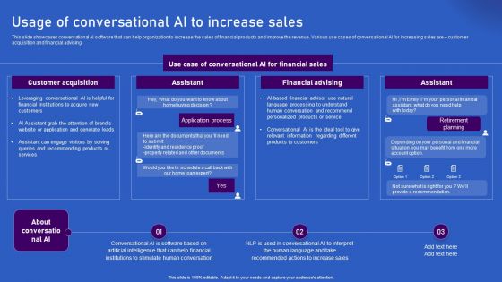 Ways Artificial Intelligence Is Transforming Finance Sector Usage Of Conversational AI To Increase Sales Diagrams PDF