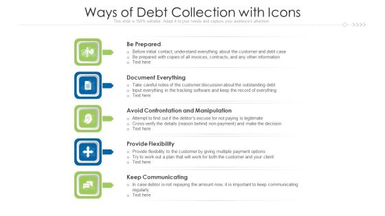 Ways Of Debt Collection With Icons Ppt PowerPoint Presentation Layouts Structure PDF