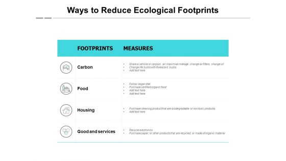 Ways To Reduce Ecological Footprints Ppt PowerPoint Presentation Model Graphics Pictures