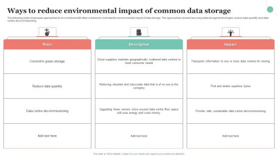 Ways To Reduce Environmental Impact Of Common Data Storage Ppt Show Ideas PDF