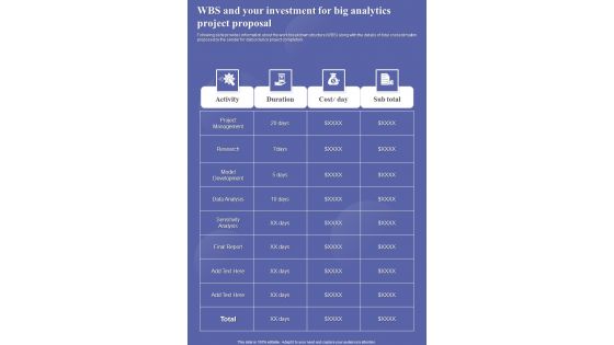 Wbs And Your Investment For Big Analytics Project Proposal One Pager Sample Example Document