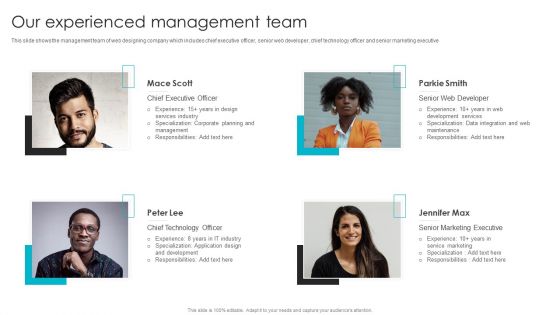 Web Design Company Overview Our Experienced Management Team Infographics PDF