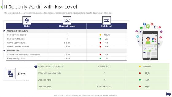 Website And Social Media IT Security Audit With Risk Level Ppt Styles Pictures PDF