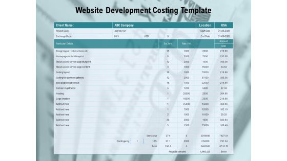Website Development Costing Template Ppt PowerPoint Presentation Professional Example Topics PDF