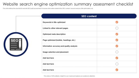Website Search Engine Optimization Summary Assessment Checklist Designs PDF