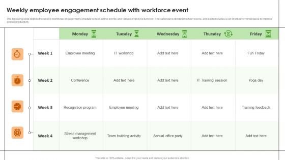 Weekly Employee Engagement Schedule With Workforce Event Designs PDF