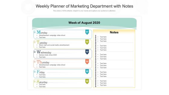 Weekly Planner Of Marketing Department With Notes Ppt PowerPoint Presentation Gallery Example File PDF