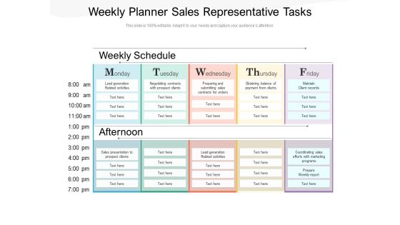 Weekly Planner Sales Representative Tasks Ppt PowerPoint Presentation File Examples PDF