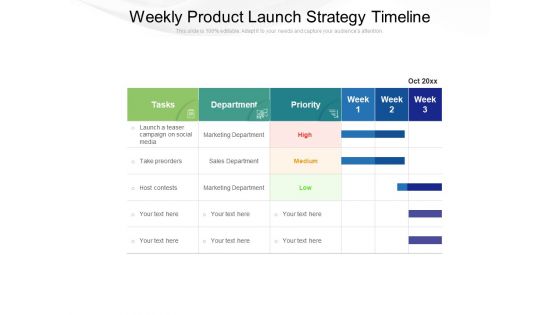 Weekly Product Launch Strategy Timeline Ppt PowerPoint Presentation File Designs PDF