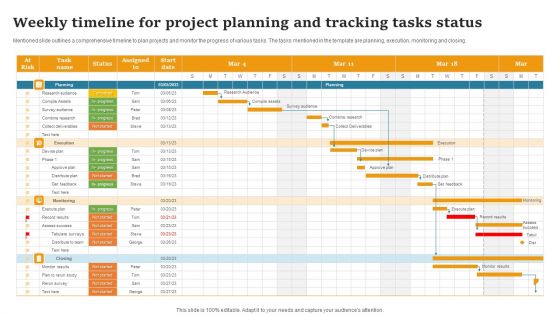 Weekly Timeline For Project Planning And Tracking Tasks Status Elements PDF
