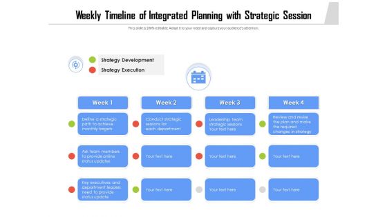 Weekly Timeline Of Integrated Planning With Strategic Session Ppt PowerPoint Presentation File Ideas PDF