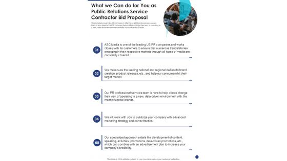 What We Can Do For You As Public Relations Service Contractor Bid One Pager Sample Example Document