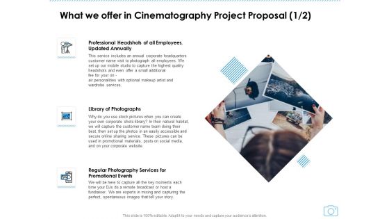 What We Offer In Cinematography Project Proposal Events Ppt Model Graphics Design PDF