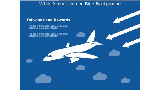 White Aircraft Icon On Blue Background Ppt PowerPoint Presentation Gallery Elements PDF