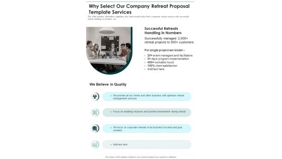 Why Select Our Company Retreat Proposal Template Services One Pager Sample Example Document Why Select Our Company Retreat Proposal Template Services One Pager Sample Example Document