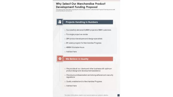 Why Select Our Merchandise Product Development Funding Proposal One Pager Sample Example Document