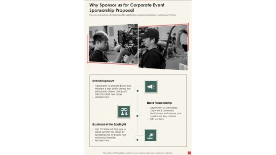 Why Sponsor Us For Corporate Event Sponsorship Proposal One Pager Sample Example Document