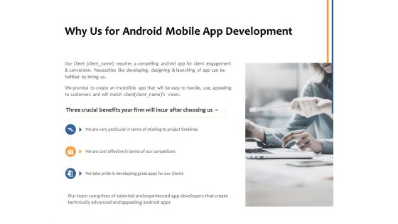 Why Us For Android Mobile App Development Ppt PowerPoint Presentation Show Master Slide