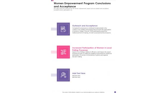 Women Empowerment Program Conclusions And Acceptance Template 124 One Pager Documents