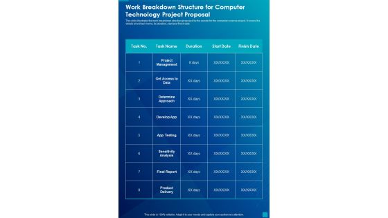 Work Breakdown Structure For Computer Technology Project Proposal One Pager Sample Example Document
