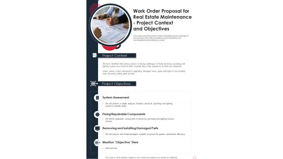 Work Order Proposal For Real Estate Maintenance Project Context And Objectives One Pager Sample Example Document Work Order Proposal For Real Estate Maintenance Project Context And Objectives One Pager Sample Example Document