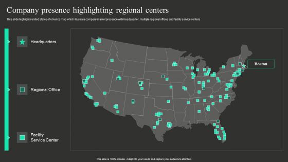 Workplace Facility Management Services Company Company Presence Highlighting Regional Centers Icons PDF