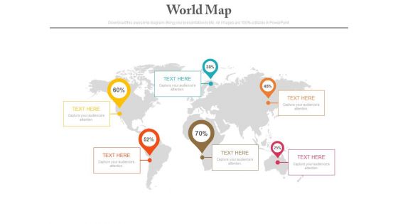World Map With Text Tags And Percentage Pointers Powerpoint Slides